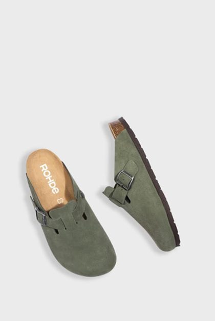 Rohde green clogs with buckle detail