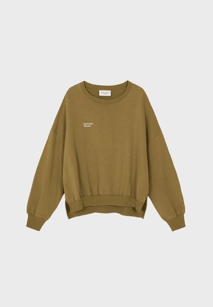Brown sweatshirt with small white text logo