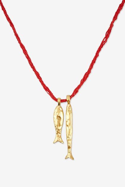 Red cord necklace with two gold fish pendants