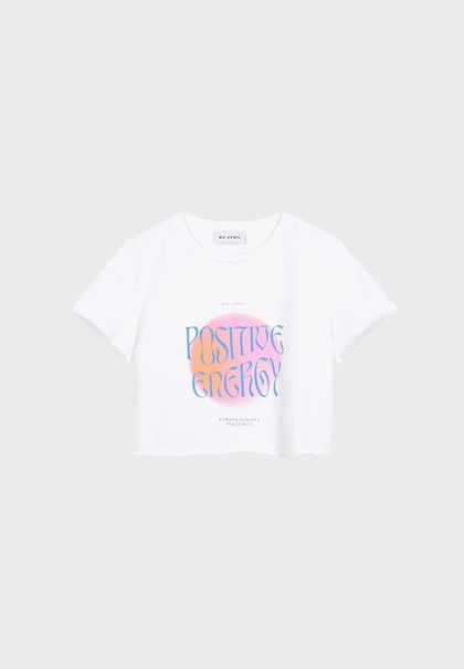 White t-shirt with “POSITIVE ENERGY” graphic