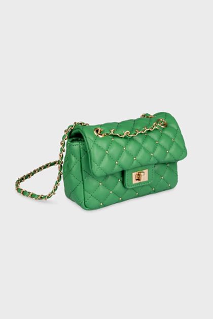 Quilted green handbag with gold chain strap