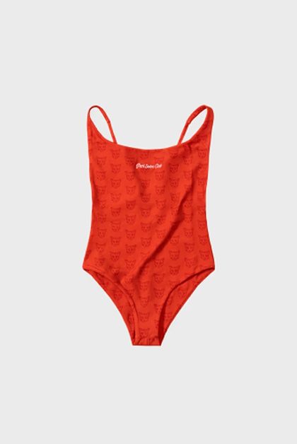 Red one-piece swimsuit with all-over cat pattern