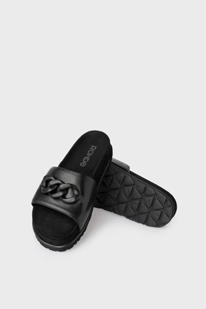 Black slides with chain detail and patterned sole