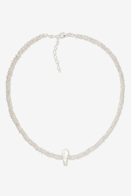 Silver beaded necklace with baroque pearl