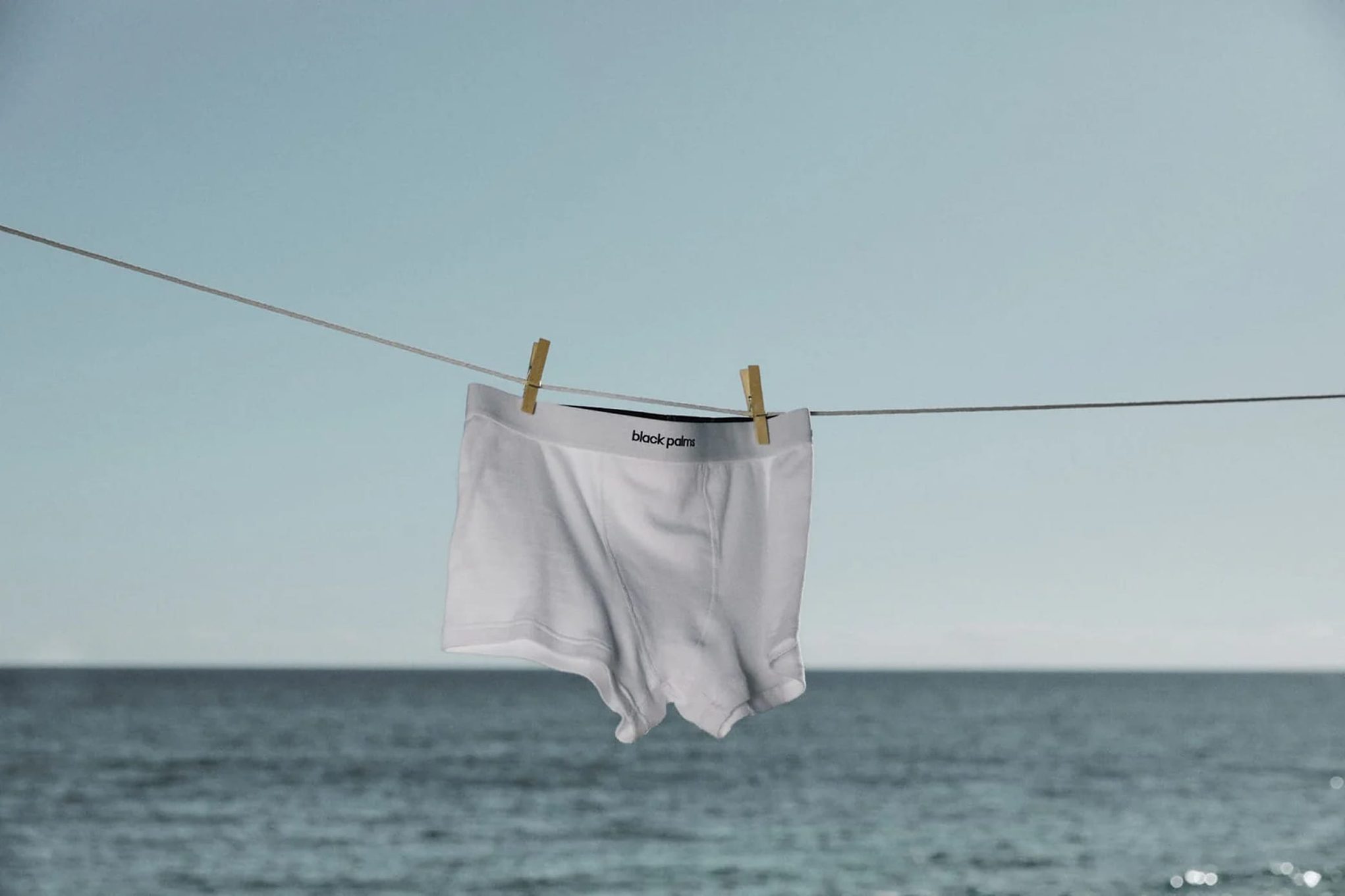 White boxer brief with "black palms" logo on a clothesline