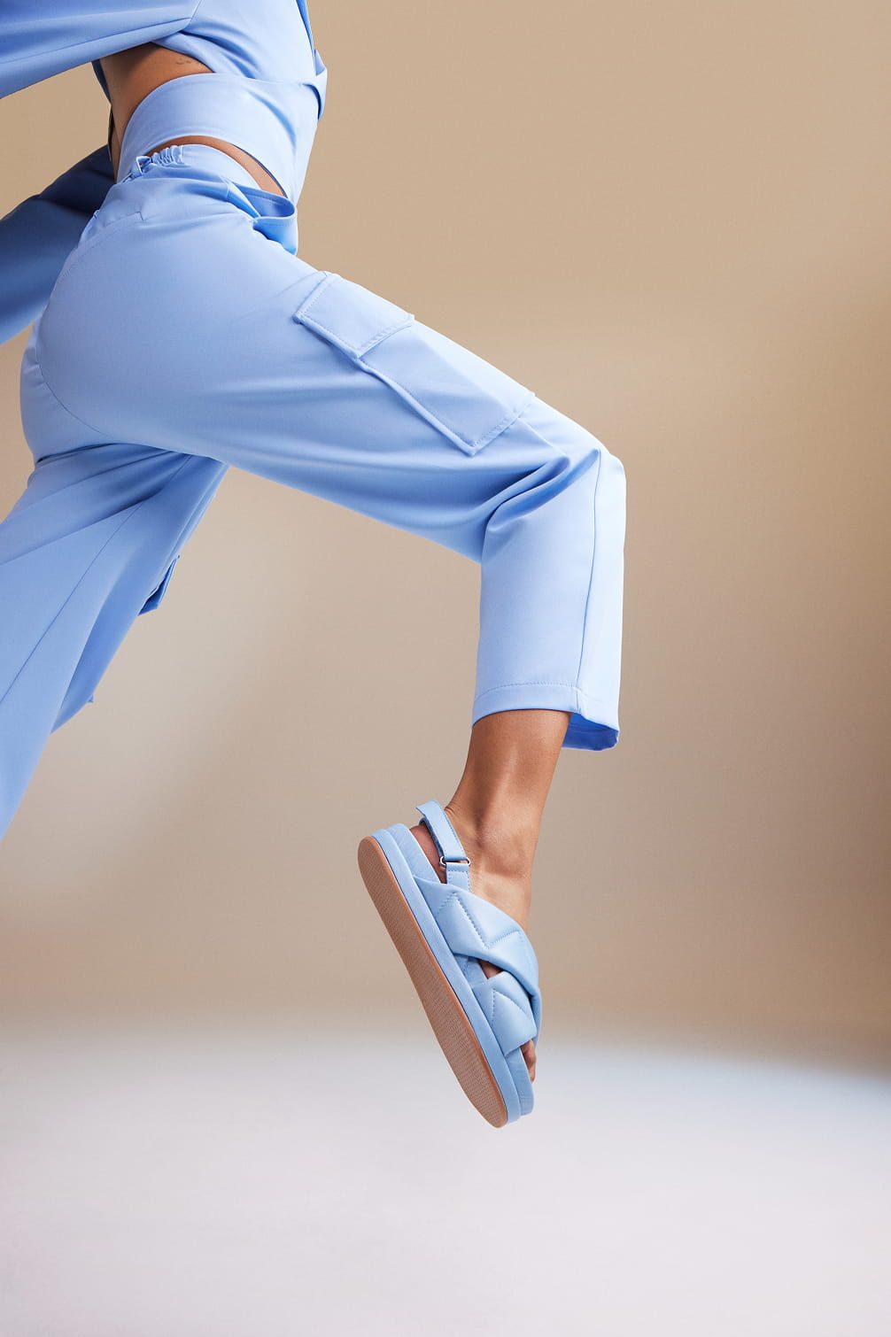 Periwinkle cargo pants and sandals